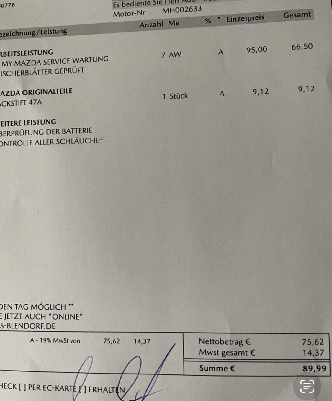 Rechnung erste Inspektion!